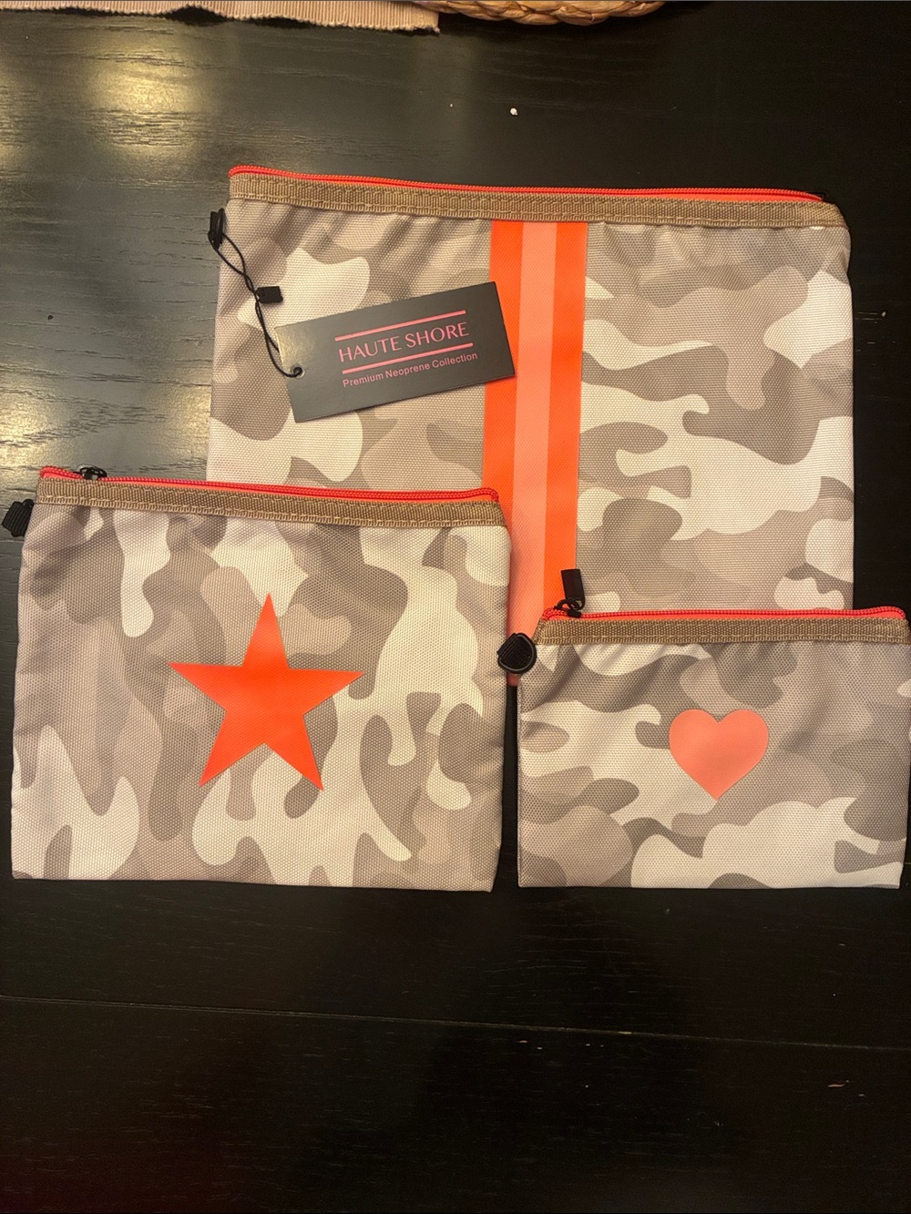 HAUTE SHORE Neoprene Camo Pouch Set - Gray & Orange Accents